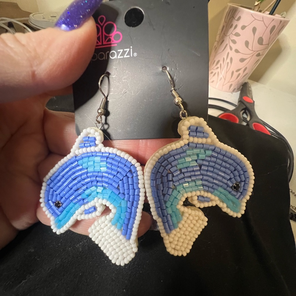 Paparazzi Blue and White Beaded Dolphin Drop Earrings